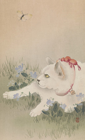 White Cat and Butterfly. Japanese woodblock fine art print