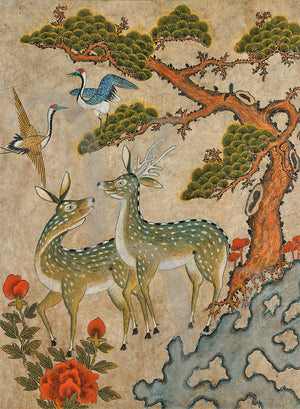 Deer and Birds. Korean Minhwa painting. Fine art print