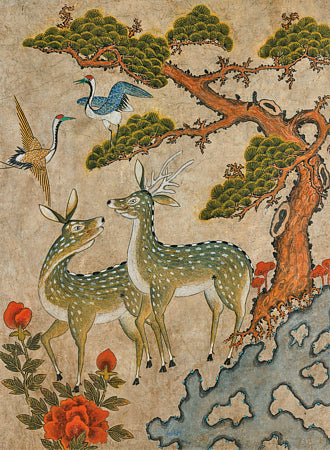 Deer and Birds. Korean Minhwa painting. Fine art print