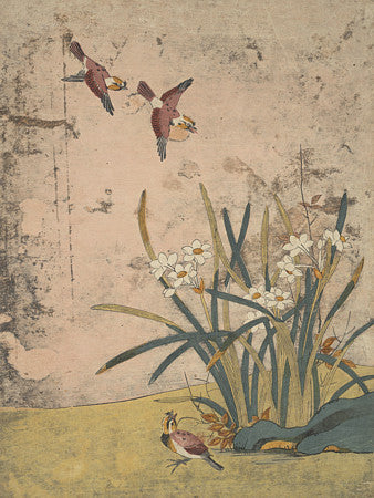 Birds and flowers. Vintage Korean nature painting. Fine art print