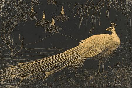 Peacock in an exotic garden. Antique wall art. Fine art print