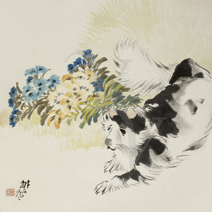 Cat in garden with flowers. Antique Chinese painting. Fine art print