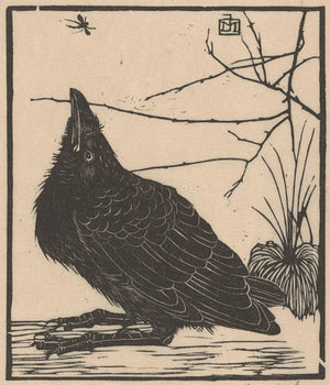 Black crow vintage woodblock artwork. Fine Art Print