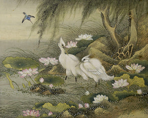 Herons and Lotus flowers. Japanese antique painting. Fine art print