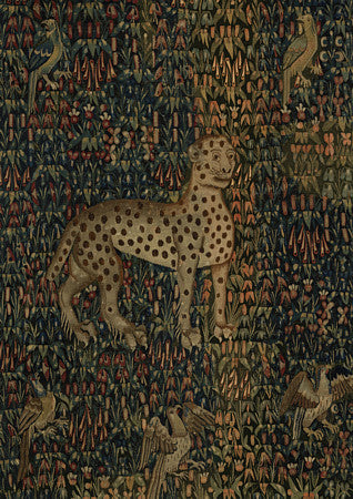 Antique Dutch Millefleurs tapestry design featuring a leopard and birds. Fine art print 