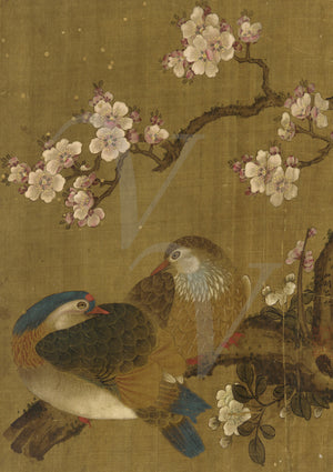 Chinese painting of two birds in a blossoming tree. Vintage Oriental wall art