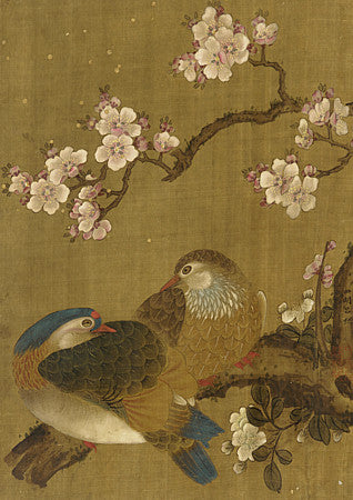 Chinese painting of two birds in a blossoming tree. Antique Asian wall art
