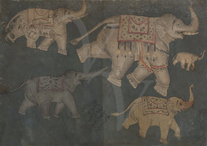 Elephants running. Indian, Persian Painting. Deccan. Fine Art Print 