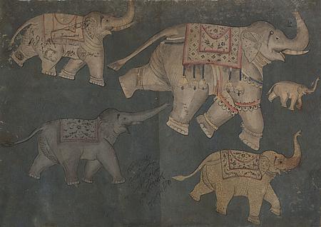 Elephants running. Indian, Persian Painting. Deccan. Fine Art Print 
