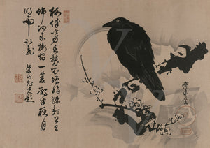 Crow and Full Moon. Vintage Japanese woodblock. Fine art print 