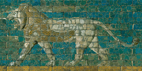 Ancient Babylonian tiled ceramic panel depicting a walking lion. Fine art print 