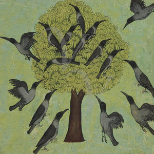 Crows and a tree. Indian painting. Fine art print 