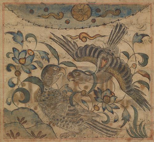 Persian painting of two eagles. Fine art print 