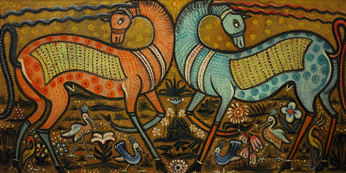 Painting of two mythical animals. Vintage animal art. Fine art print 