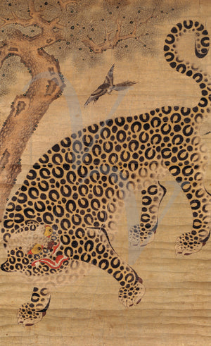 Leopard and a magpie. Antique Korean animal painting. Fine art print