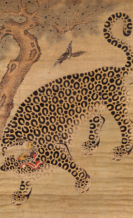 Korean painting of a leopard and a magpie. Fine art print 