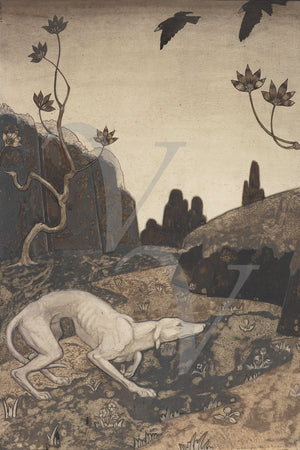 Dog in a landscape. Antique artwork. Fine art print 