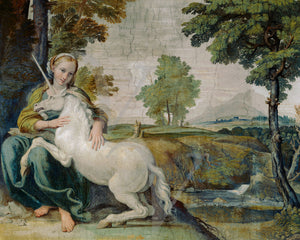 Painting of a woman with a  Unicorn in a landscape, by Domenichino. Fine art print 