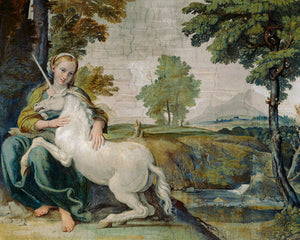 The Maiden and the Unicorn by Domenichino. Baroque fresco painting. Fine art print 