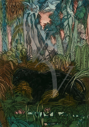 Black panther walking through a lush exotic jungle. Fine art print