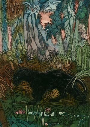 Vintage color etching of a black panther in an exotic jungle. Fine art print 