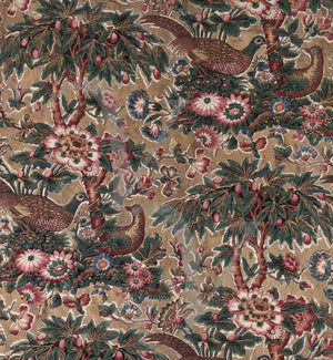 Pheasants and Flowers. Antique textile design. Fine art print 
