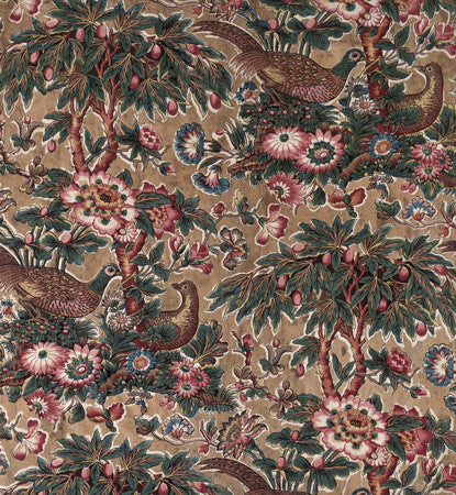 Pheasants and Flowers. Antique textile design. Fine art print 