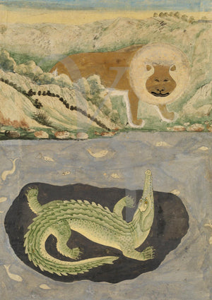 Lion and a crocodile. Vintage painting from Rajasthan, India. Fine art print