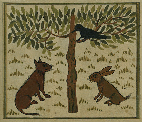 Crow, rabbit and cat Painting from an Ottoman Turkish manuscript on cosmology The Wonders of Creation 