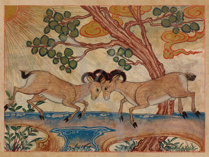 Mountain rams fighting. Persian animal illustration. Fine art print