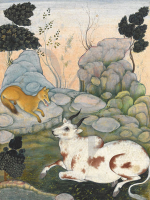 Dimna and the Ox, painting from a book of Persian animal fables, Kalīla wa-Dimna. Fine art print