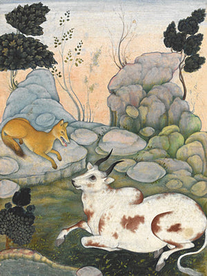 Dimna and the Ox, painting from a book of Persian animal fables, Kalīla wa-Dimna. Fine art print