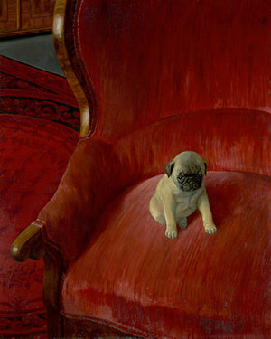 Siegfried by by Thomas Theodor Heine. Pug puppy on a red chair. Fine art print