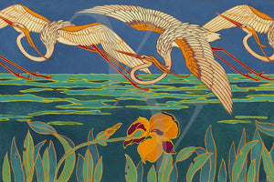 Egrets and Irises. Vintage Art Nouveau bird painting. Fine art 