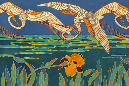 Egrets and Irises. Vintage Art Nouveau bird painting. Fine art print