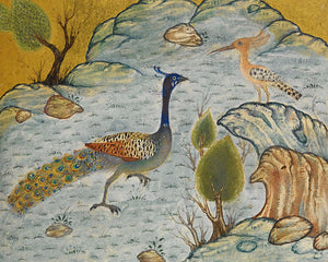 Peacock and a Hoopoe. Persian bird painting. Fine art print 
