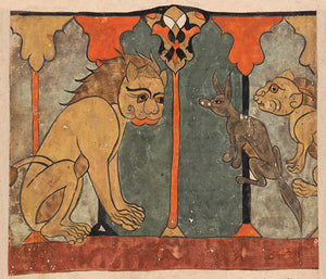 The lion-king Recruits the ascetic jackal. Painting the Kalila wa Dimna. Fine art print