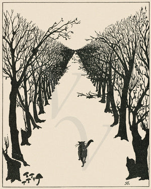 Black cat walking down an avenue of Winter trees. Rudyard Kipling. Fine art print