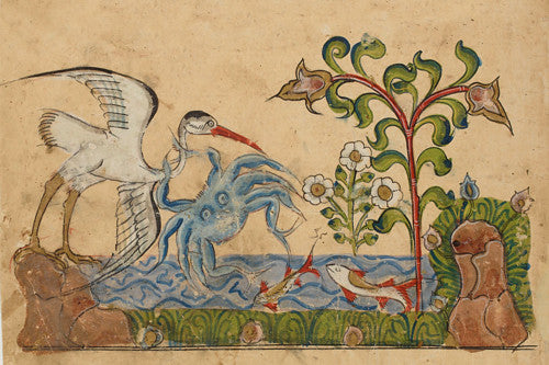 The Heron and the Crab. Watercolour painting from an antique manuscript of the Arabic animal fables the Kalila wa Dimna. Fine art print