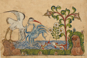 The Heron and the Crab. Watercolour painting from an antique manuscript of the Arabic animal fables the Kalila wa Dimna. Fine art print