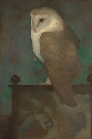 Great Owl sitting on a screen by Jan Mankes