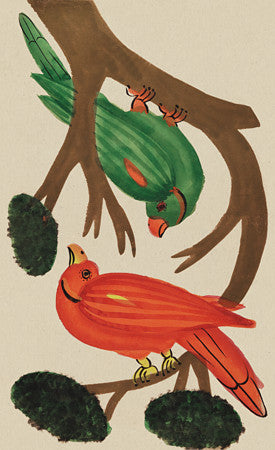 Indian Kalighat Parrot Painting. Colourful birds in a tree. India. Fine art print