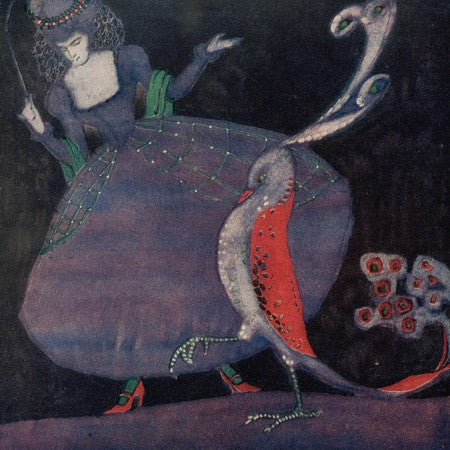 Art Nouveau illustration of a costumed woman with an exotic bird