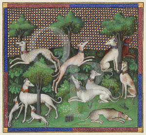 Medieval painting of greyhounds in a forest