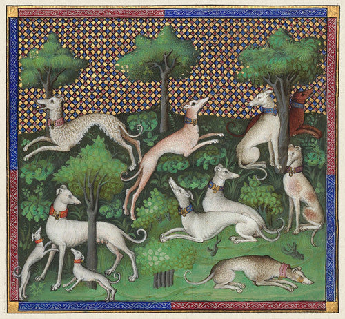Medieval painting of greyhounds in a forest