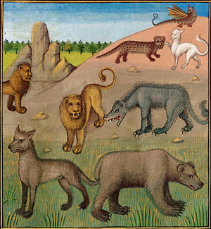 Medieval animals painting, including a bear, wolf, lion and dragon