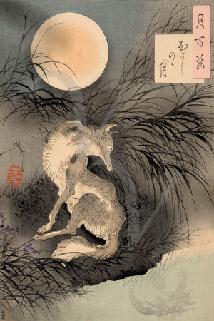 Japanese woodblock of a wolf under a full moon by Tsukioka Yoshitoshi