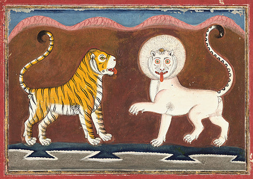 Lion and Tiger. Antique Indian painting