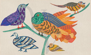 Colourful birds in branches. Antique French painting