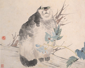 Cat in Garden. Chinese Qing ink painting 